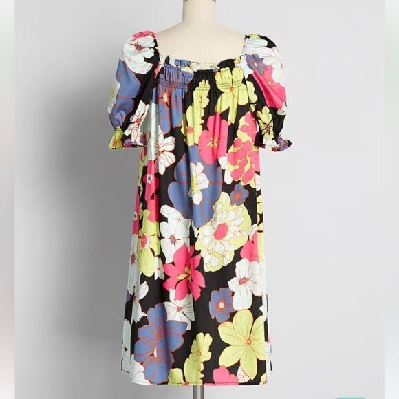 Modcloth Casual Breezy Daytime Mood Babydoll Dress Black Honolulu Floral M NWOT - Picture 3 of 13